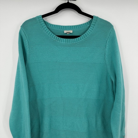 Talbots Womens Sweater 1X Teal Blue Textured Knit Crew Neck Button Sleeve Cotton - Picture 2 of 9